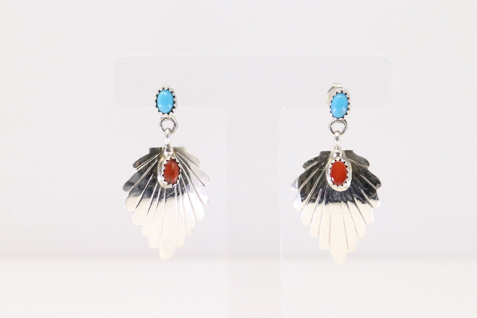 Native America Navajo Sterling Silver Coral & Turquoise Leaf Post Earring's By Genevieve Francisco. (1 of 4)