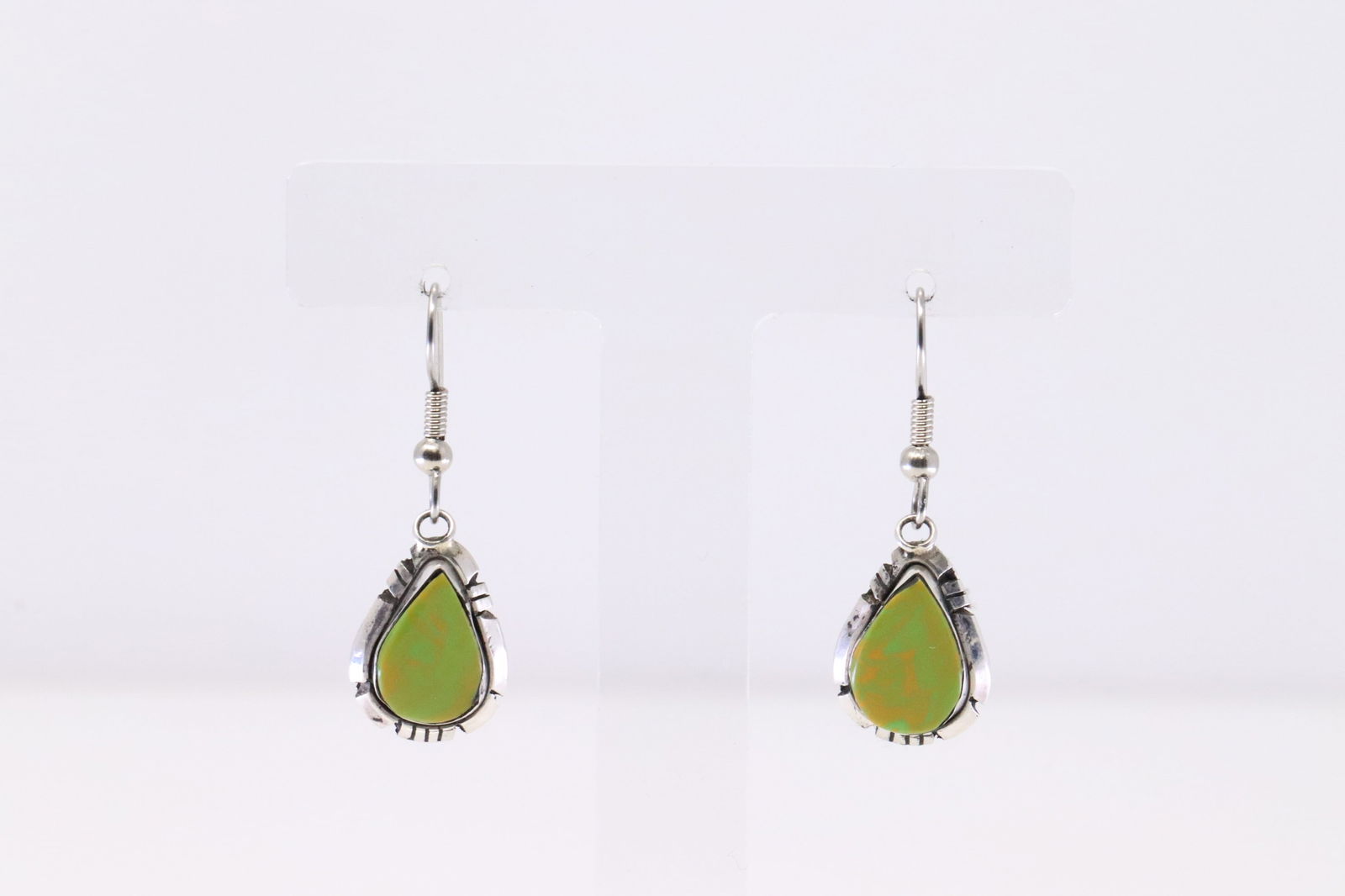 Native America Navajo Sterling Silver Green Stone Dangling Earring's By C. (1 of 4)