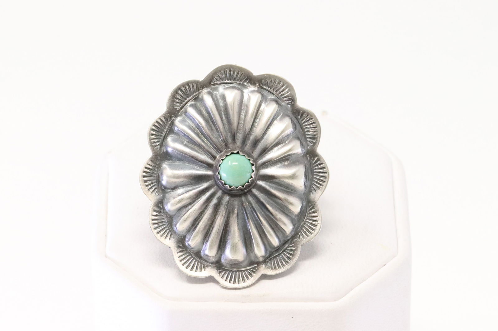 Native American Navajo Sterling Silver Kingman Turquoise Concho Ring By L.J.C. (1 of 4)