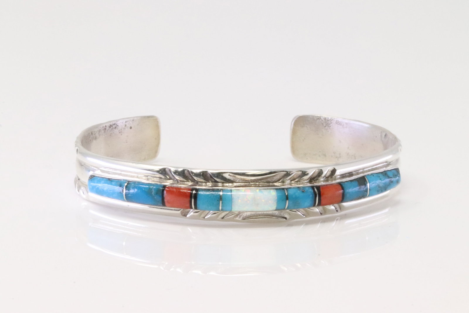 Native America Navajo Sterling Silver Multi-Color Inlay Bracelet By Mary Lincolin.: This is a Native America Navajo Sterling Silver Multi-Color Inlay Bracelet By Mary Lincolin.