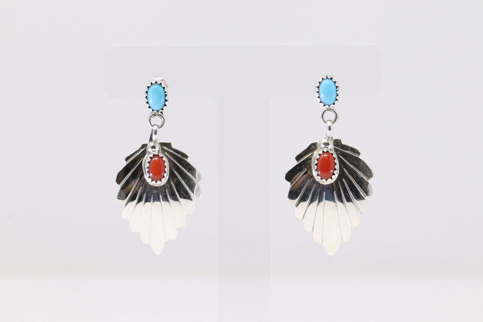 Native American Navajo Sterling Silver Coral & Turquoise Leaf Post Earring's By Genevieve Francisco. (1 of 4)
