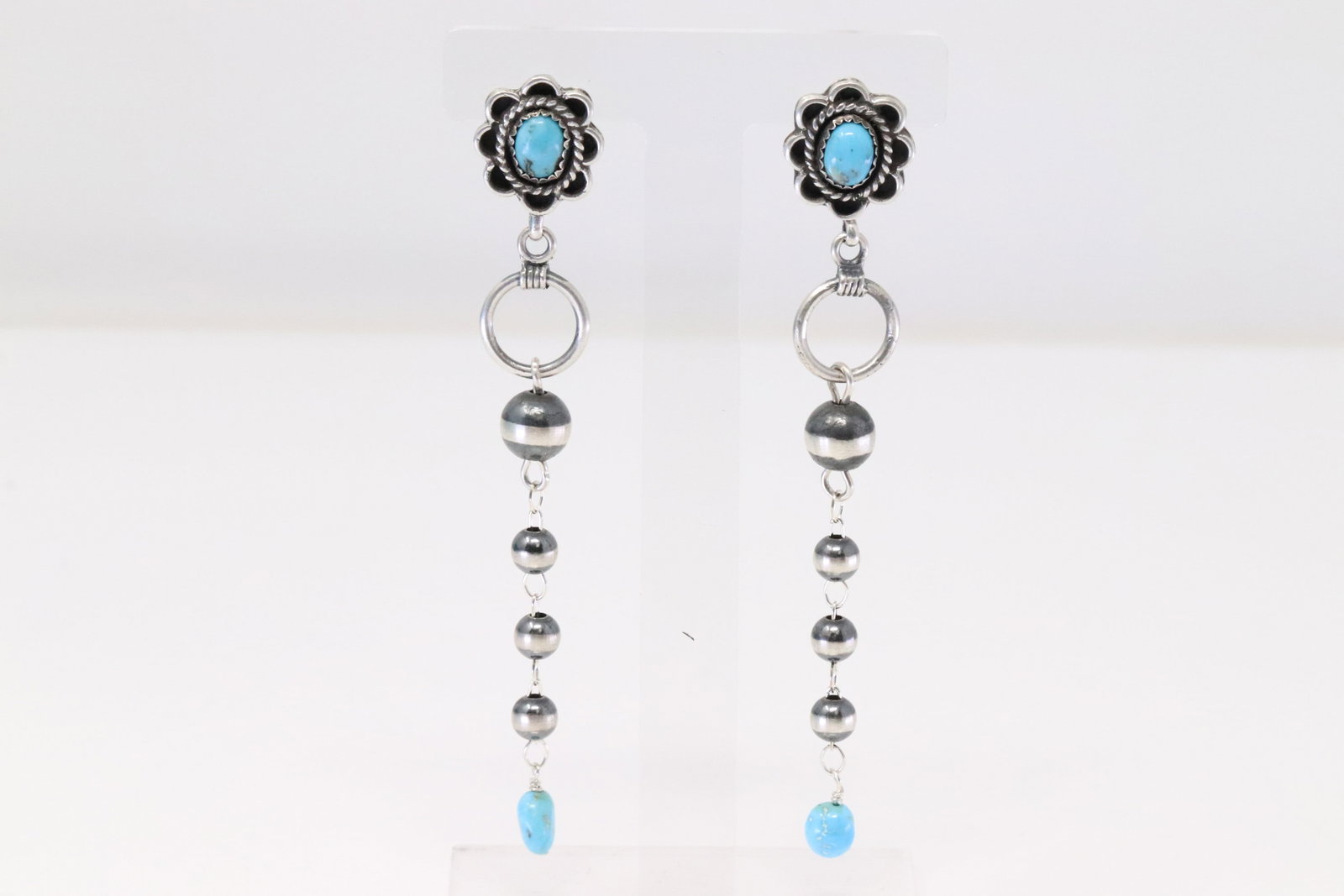 Native America Navajo Sterling Silver Turquoise & Pearl Beaded Post / Dangling Earring's By Russell: This is a Native America Navajo Sterling Silver Turquoise & Pearl Beaded Post / Dangling Earring's By Russell Sam.