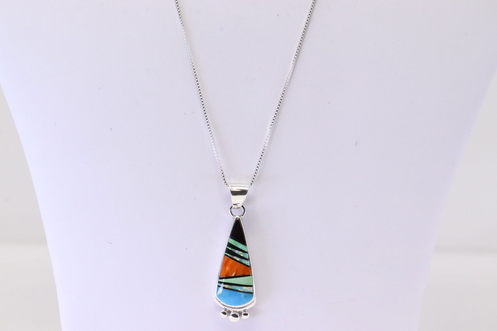 Native America Navajo Sterling Silver Multi-Color Stone Pendant & A 925 Necklace By E.K. (1 of 4)
