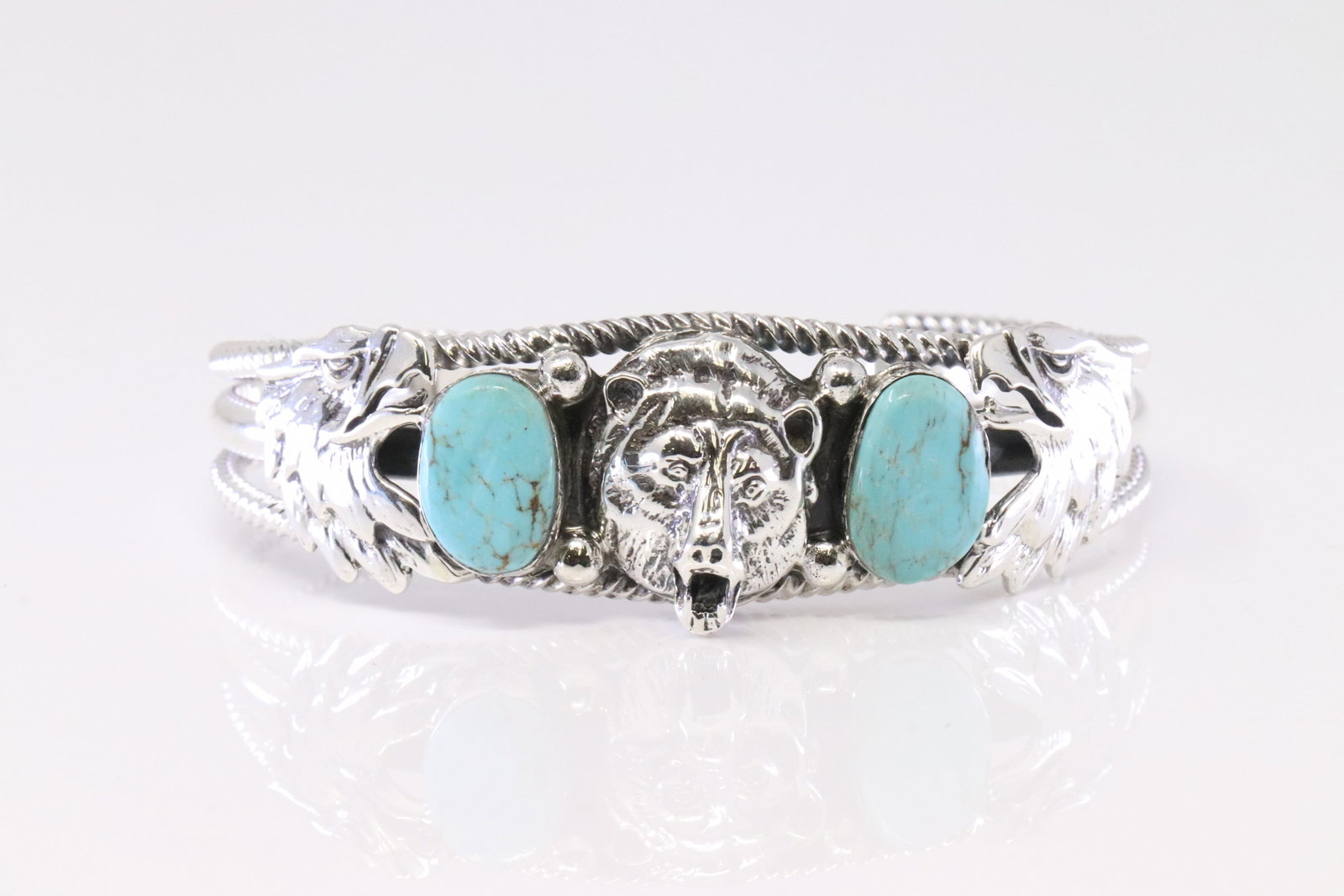 Native America Navajo Sterling Silver Turquoise Bear Bracelet Cuff By Bobby Platero.: This is a Native America Navajo Sterling Silver Turquoise Bear Bracelet Cuff By Bobby Platero.