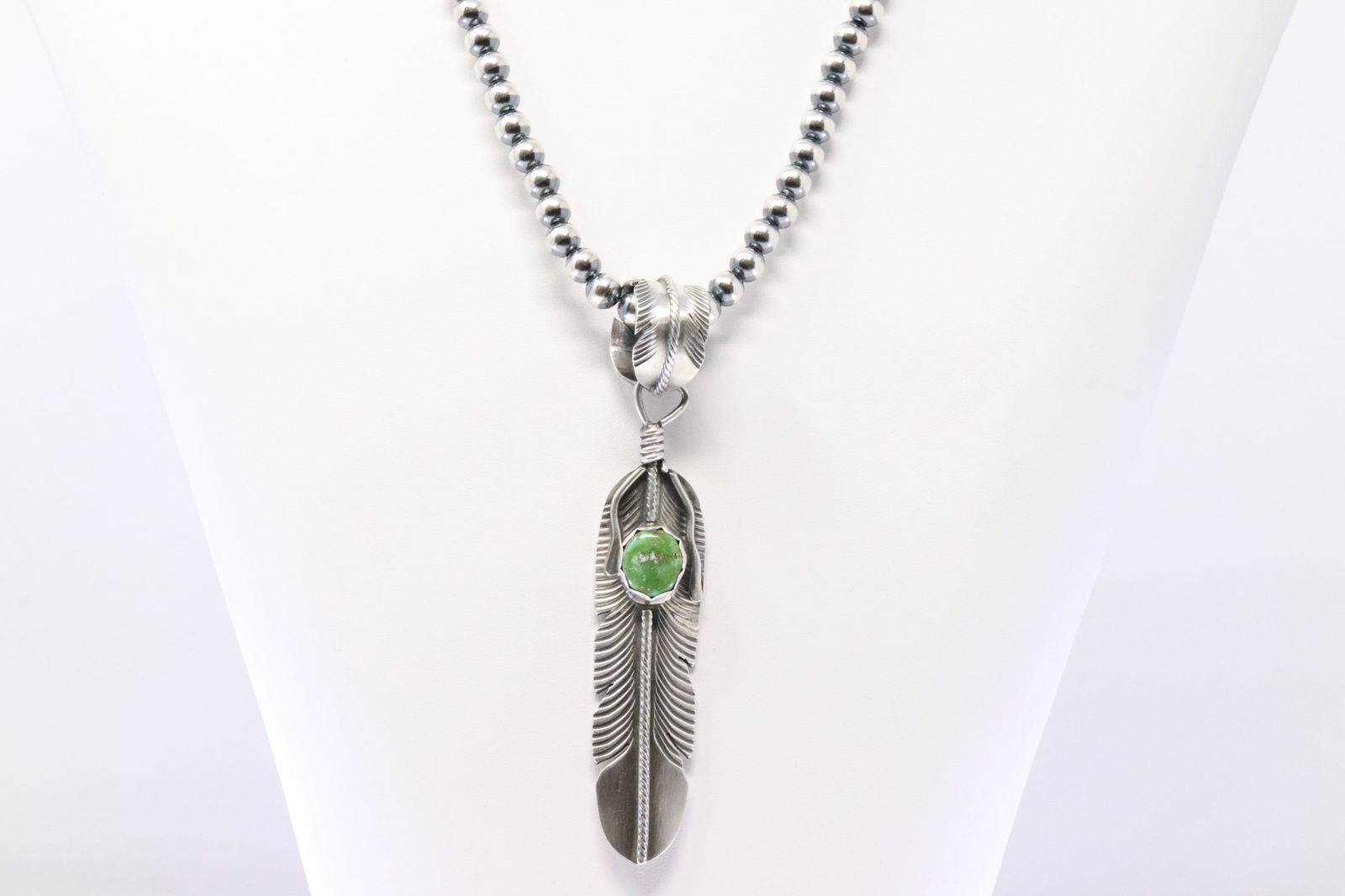 Native America Navajo Sterling Silver Sonora Gold Turquoise Feather Pendant By K.M. With Pearl (1 of 4)