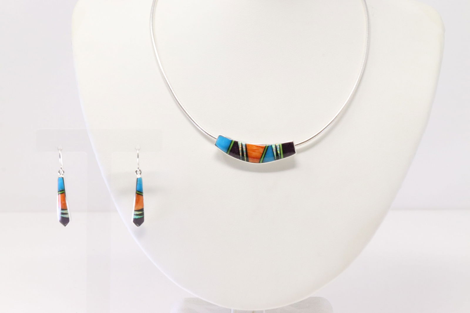 Native America Navajo Sterling Silver Multi-Color Inlay Necklace & Earring's Set By E.K. (1 of 4)