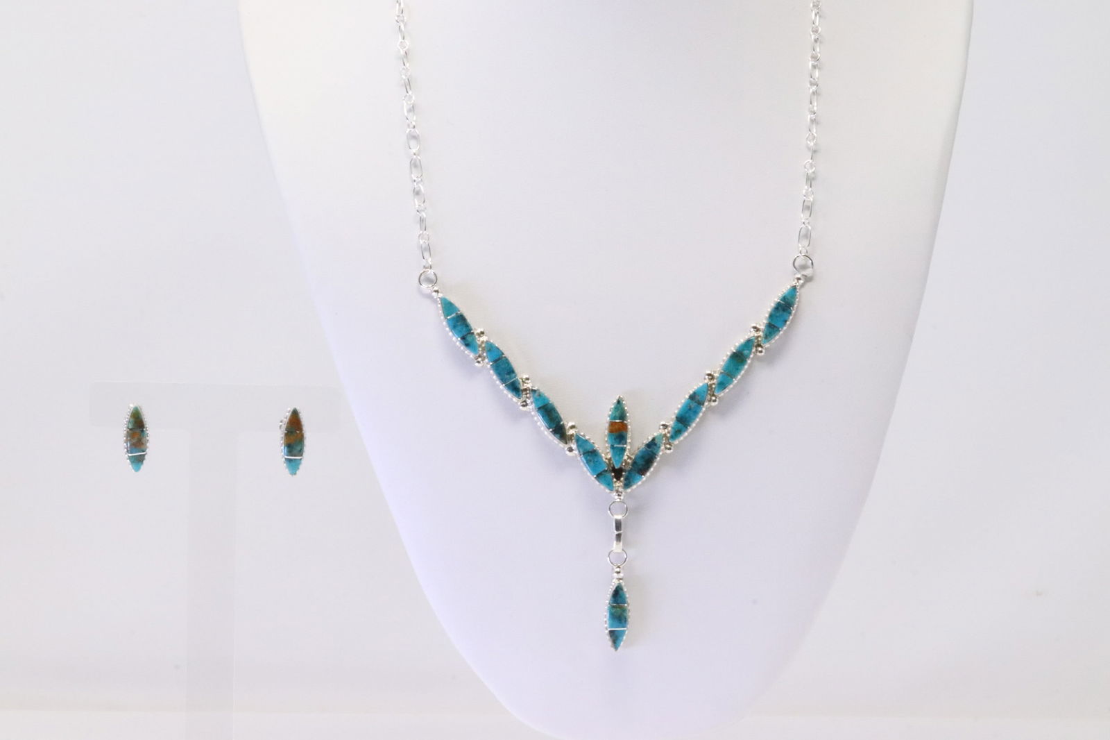 Native America Zuni Sterling Silver Turquoise Inlay Necklace & Earring's Set By Leola Nastacio. (1 of 5)
