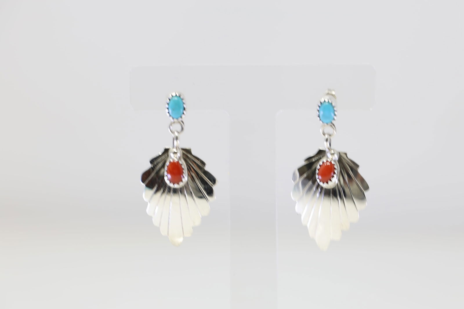 Native America Navajo Sterling Silver Coral & Turquoise Leaf Post Earring's By Genevieve Francisco. (1 of 4)