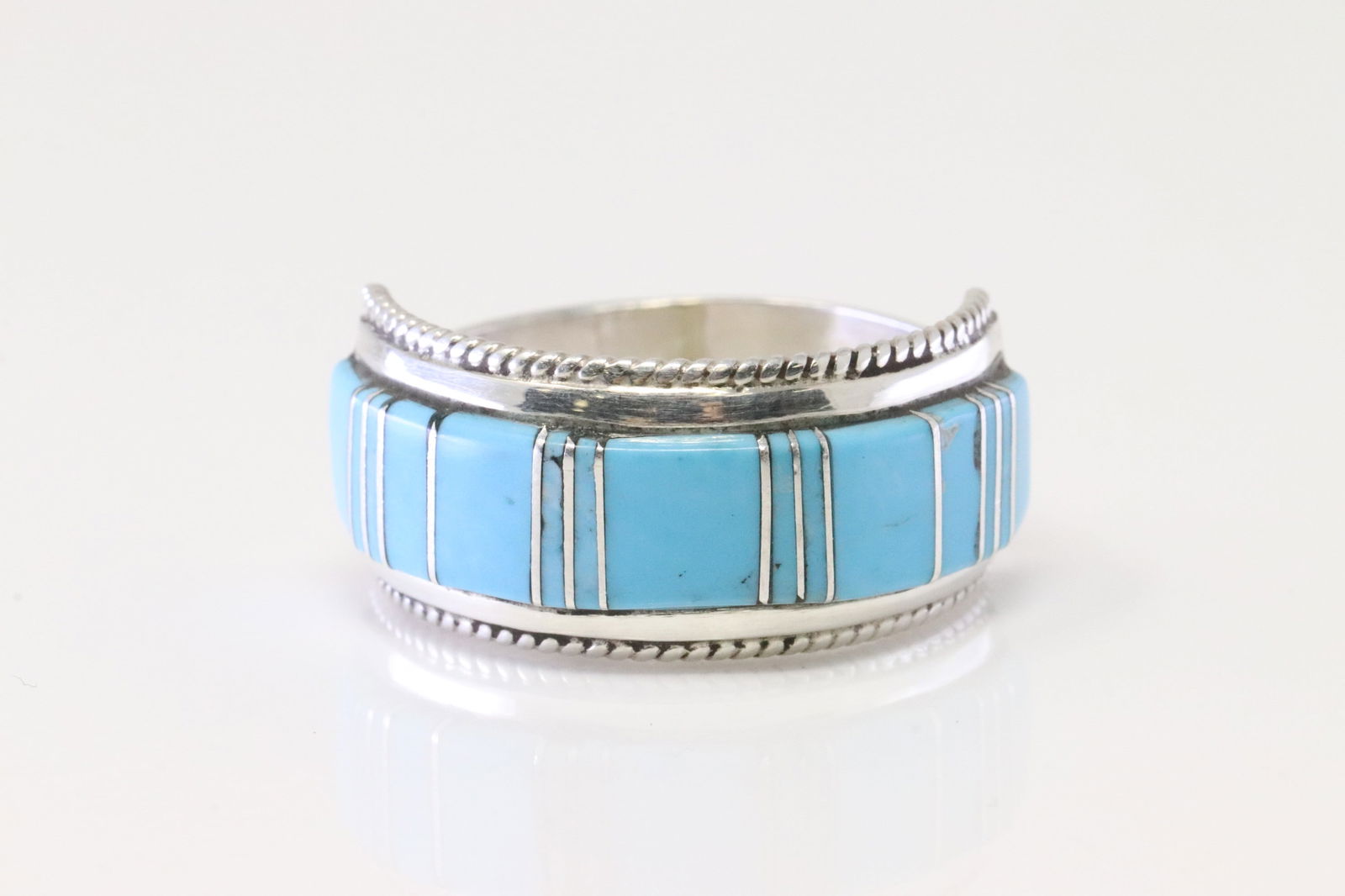 Native American Zuni Sterling Silver Turquoise Inlay Ring By D.Panteah. (1 of 4)