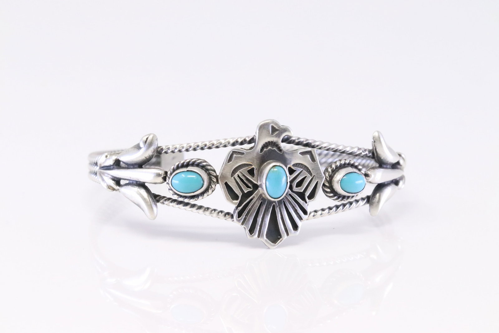 Native America Navajo Sterling Silver Turquoise Thunderbird Bracelet Cuff By Bobby Platero.: This is a Native America Navajo Sterling Silver Turquoise Thunderbird Bracelet Cuff By Bobby Platero.