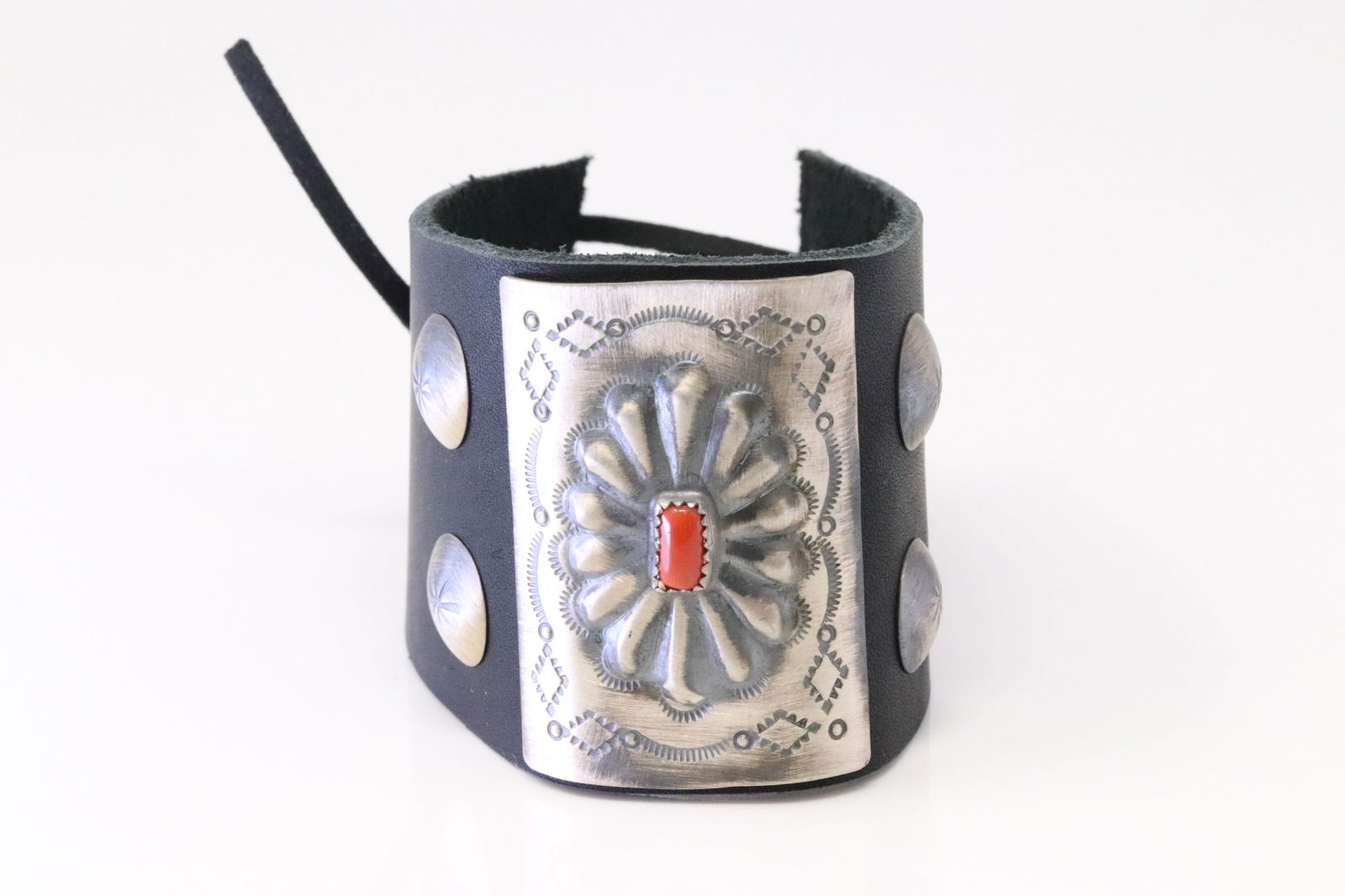 Native America Navajo Sterling Silver Bow Guard Coral Leather Bracelet By Dale Morgan. (1 of 4)