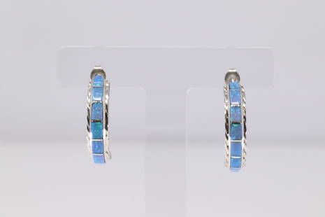 Native America Zuni Sterling Silver Blue Opal Hoop Earring's By Malcolm Chavez.: This is a Native America Zuni Sterling Silver Blue Opal Hoop Earring's By Malcolm Chavez.