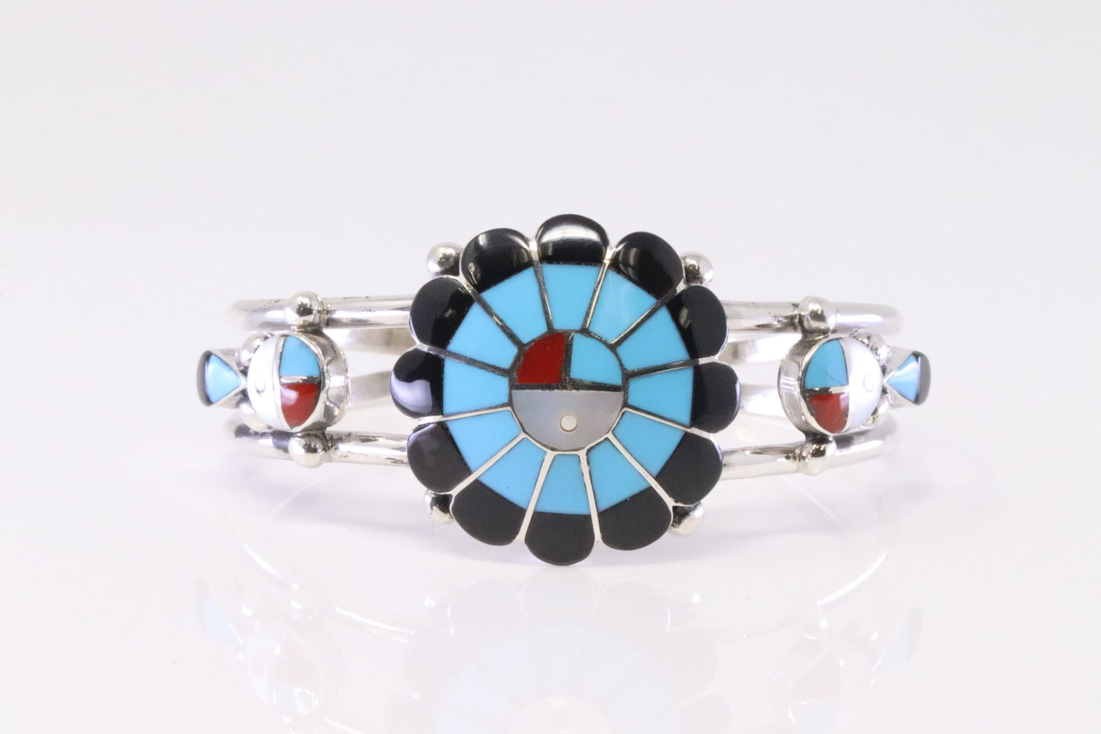 Native America Zuni Sterling Silver Multi-Color Inlay Sunface Bracelet By Denise Siutza. (1 of 4)