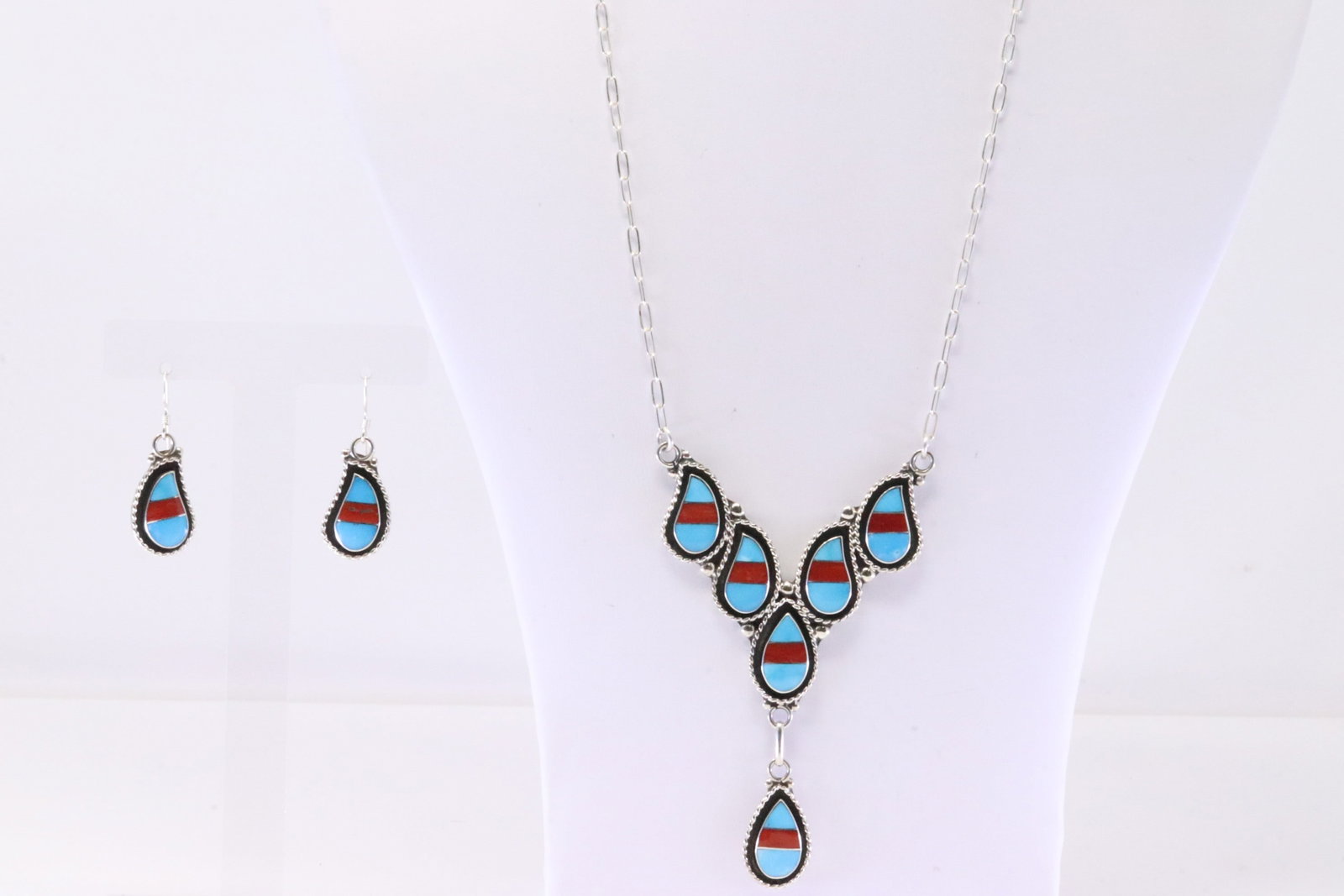 Native America Zuni Sterling Silver Multi-Color Stone Inlay Necklace & Earring's Set By Faye (1 of 5)