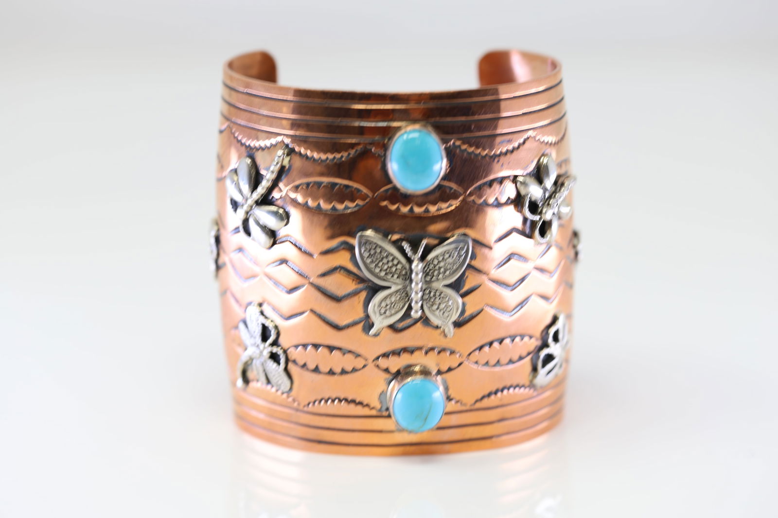 Native America Navajo Sterling Silver Copper Turquoise Butterfly & Dragonfly Design Bracelet. (1 of 4)
