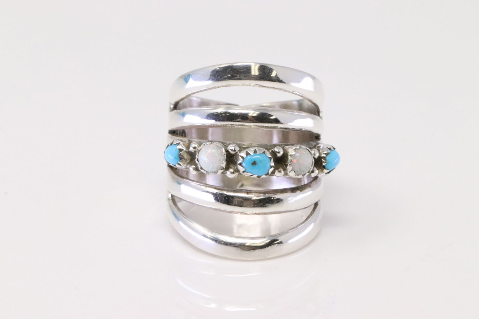 Native America Navajo Sterling Silver Turquoise & Opal Ring By G.S. (1 of 4)