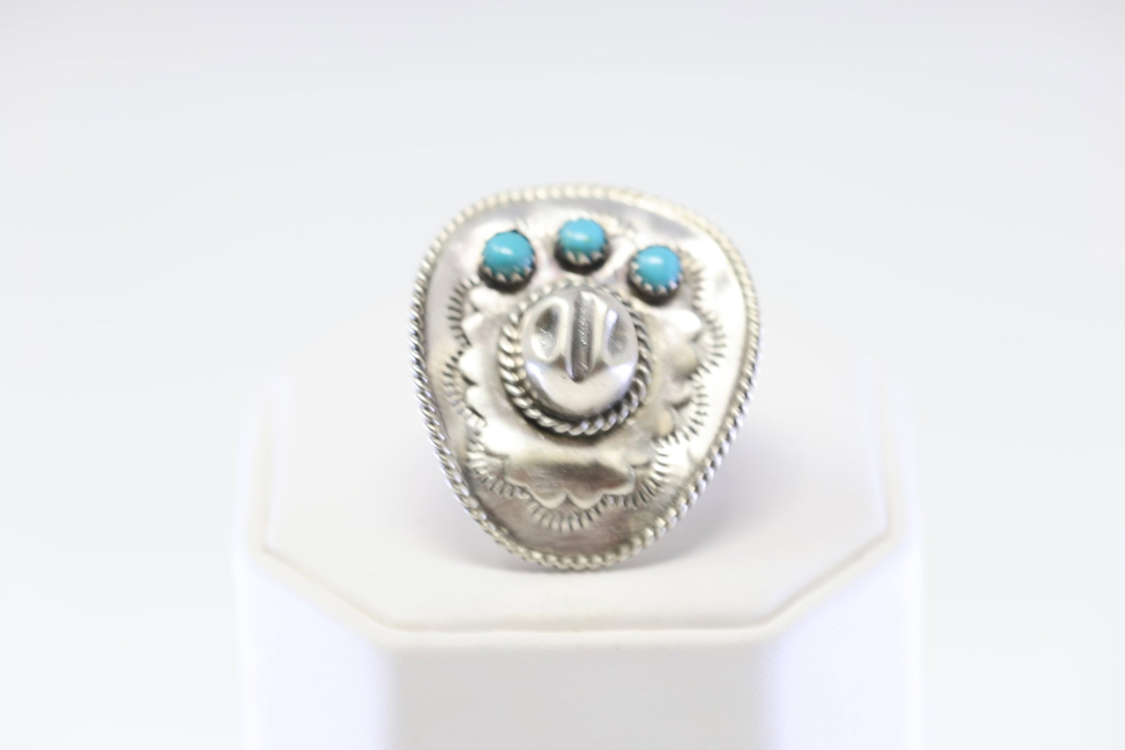 Native America Navajo Sterling Silver Turquoise Cowboy Hat Ring By Bobby Platero.: This is a Native America Navajo Sterling Silver Turquoise Cowboy Hat Ring By Bobby Platero. Ring size: 4.75.