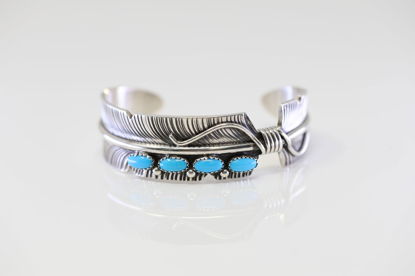 Native America Navajo Sterling Silver Turquoise Feather Bracelet Cuff By Chris Charley. (1 of 4)