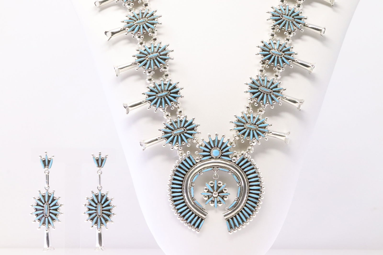 Native American Zuni Sterling Silver Turquoise Squash Blossom Necklace & Earring's Set By Lance & (1 of 8)