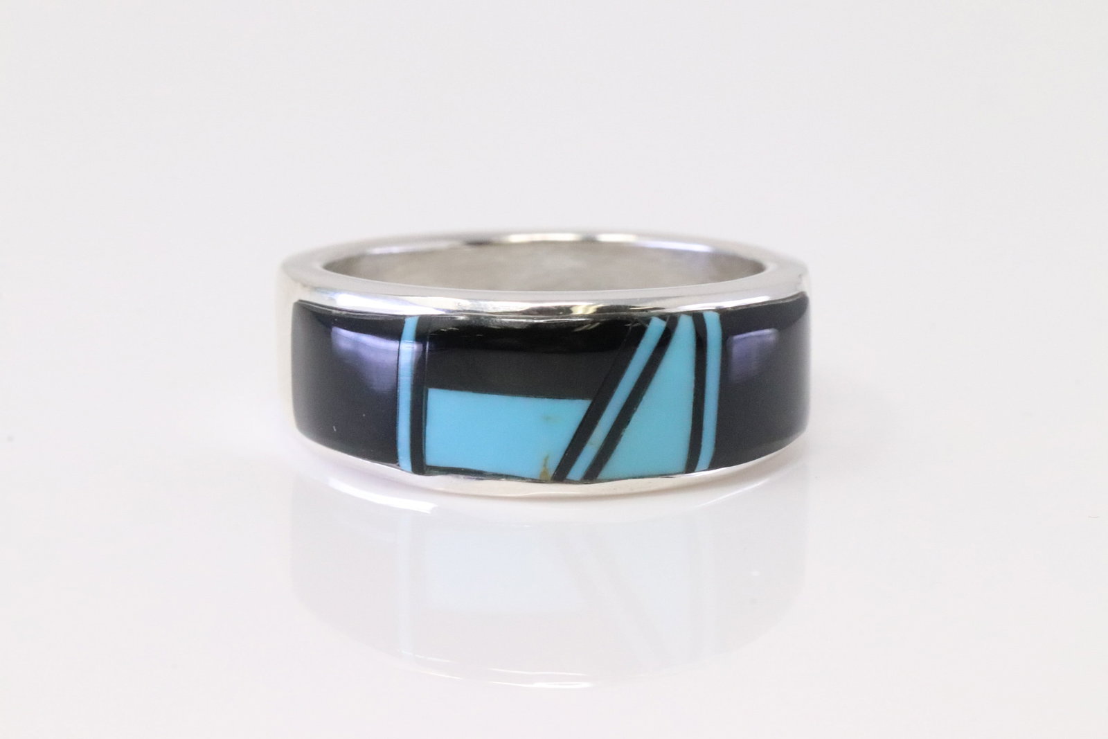 Native America Navajo Sterling Silver Multi-Color Inlay Ring By A.T.: This is a Native America Navajo Sterling Silver Multi-Color Inlay Ring By A.T. Ring size: 8.50.