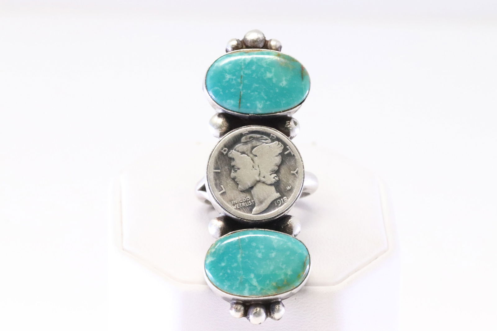 Native American Navajo Sterling Silver Liberty Dime Turquoise Ring By Robert Shakey. (1 of 4)