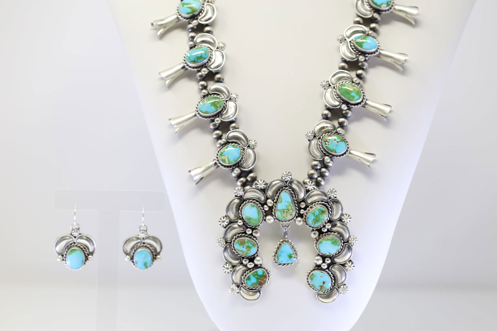 Native America Navajo Sterling Silver Sonra Gold Turquoise Squash Blossom Necklace & Earring's Set (1 of 8)