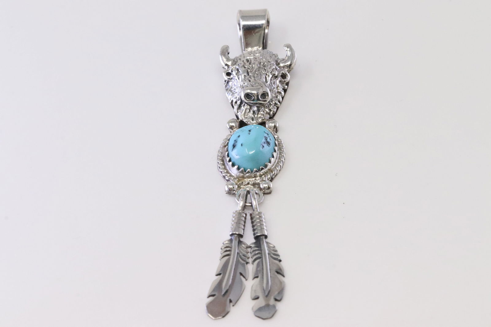 Native American Navajo Sterling Silver Turquoise Buffalo Head Pendant By Genevieve Francisco. (1 of 3)