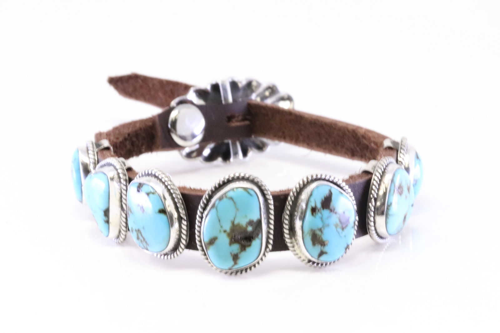 Native America Navajo Sterling Silver Turquoise Leather Bracelet By R.C. (1 of 4)