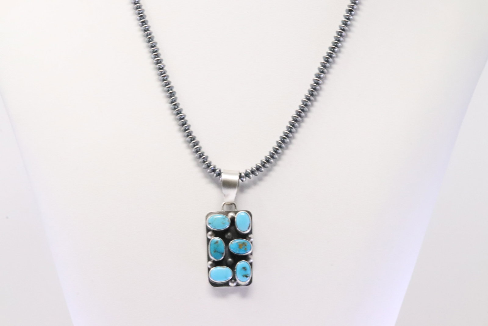 Native America Navajo Sterling Silver Turquoise Pendant By Betty Tom. With Pearl Beaded Sterling: This is a Native America Navajo Sterling Silver Turquoise Pendant By Betty Tom. With Pearl Beaded Sterling Silver Machine Made Necklace. Necklace length: 20.00"