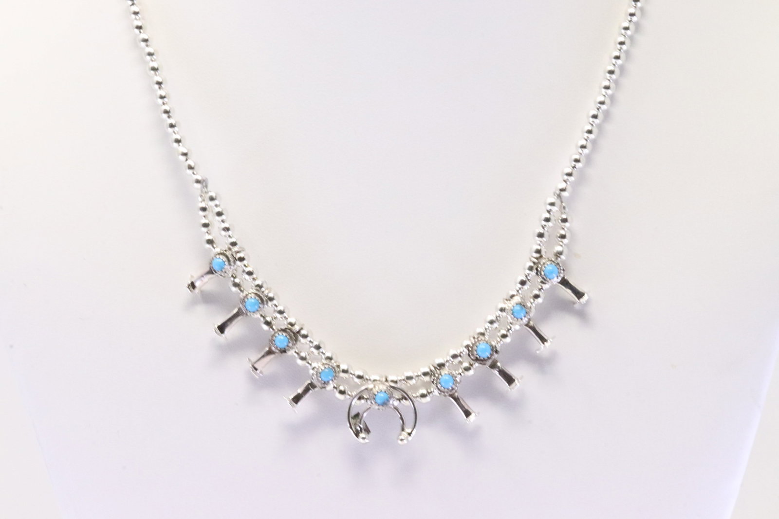 Native America Navajo Sterling Silver Turquoise Baby Suqash Blossom Necklace By A.R.: This is Native America Navajo Sterling Silver Turquoise Baby Suqash Blossom Necklace By A.R. Necklace length: 16.00"