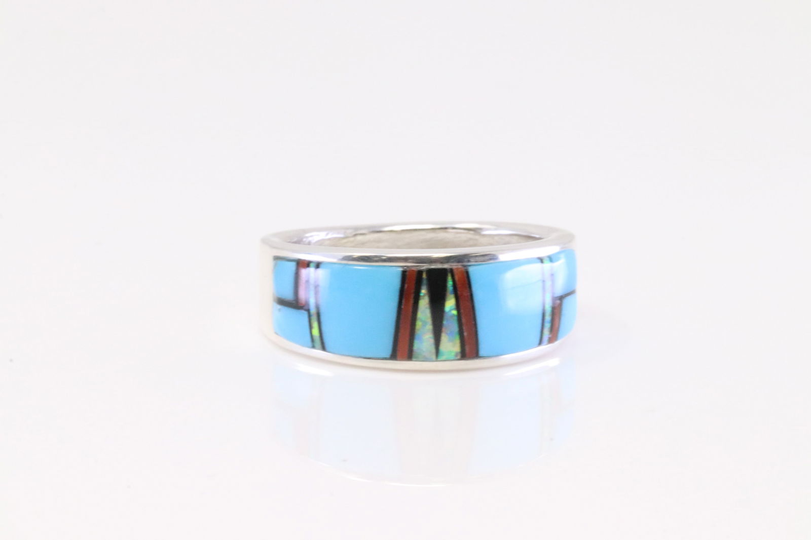 Native American Navajo Sterling Silver Multi-Color Inlay Ring By A.T.: This is a Native American Navajo Sterling Silver Multi-Color Inlay Ring By A.T. Ring size: 8.50.