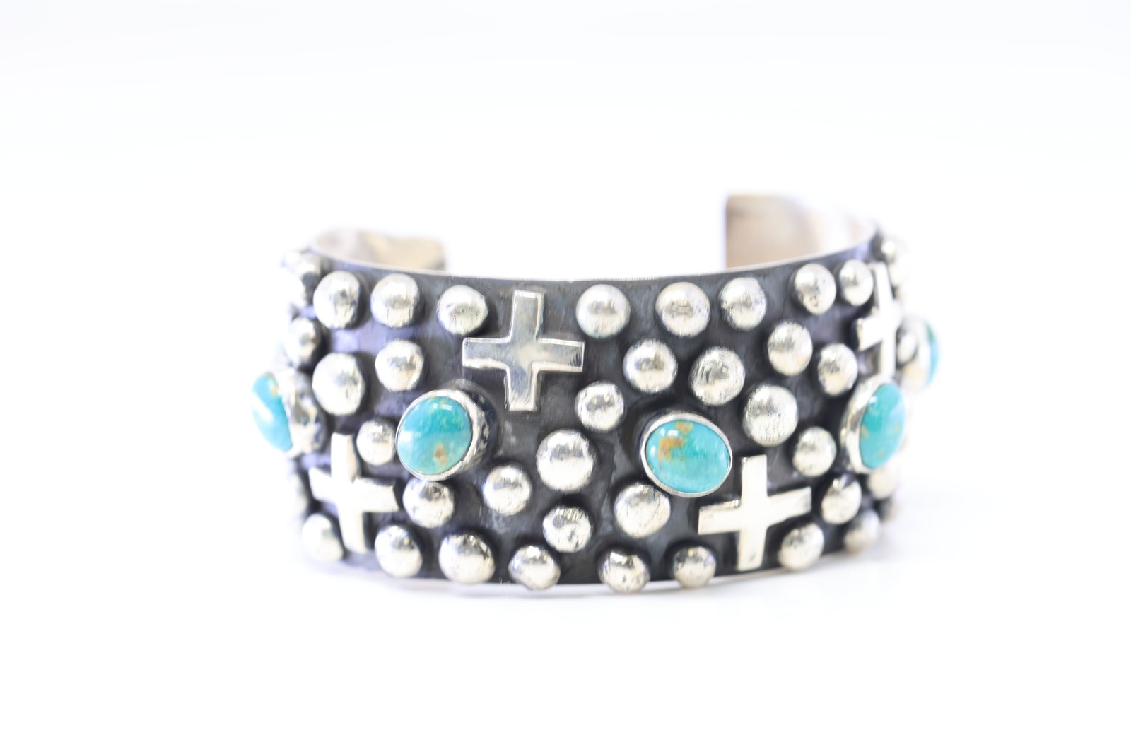 Native American Navajo Sterling Silver Turquoise Cross Bracelet Cuff By Chimney Butte. (1 of 5)
