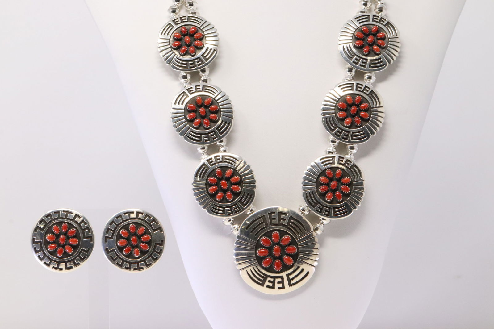 Native America Navajo Sterling Silver Coral Necklace & Earring's Set By Rosco Scott. (1 of 6)