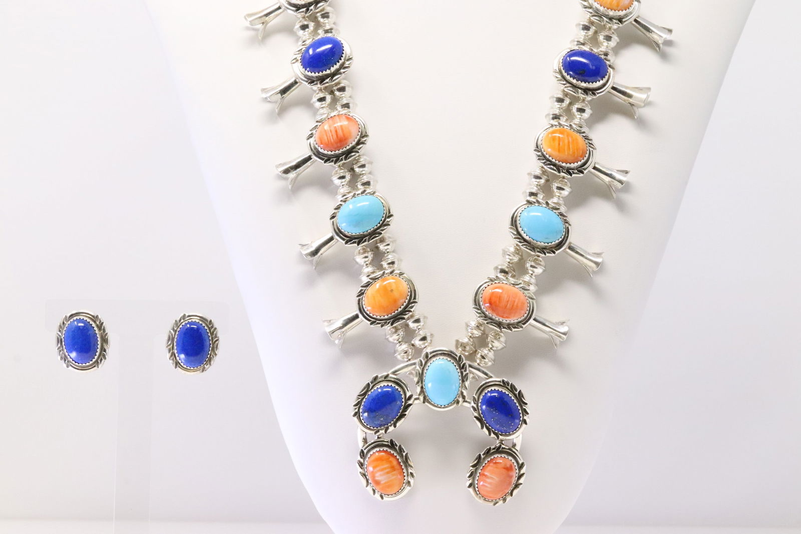 Native America Navajo Sterling Silver Lapis / Spiny & Turquoise Squash Blossom Necklace & Earring's (1 of 8)