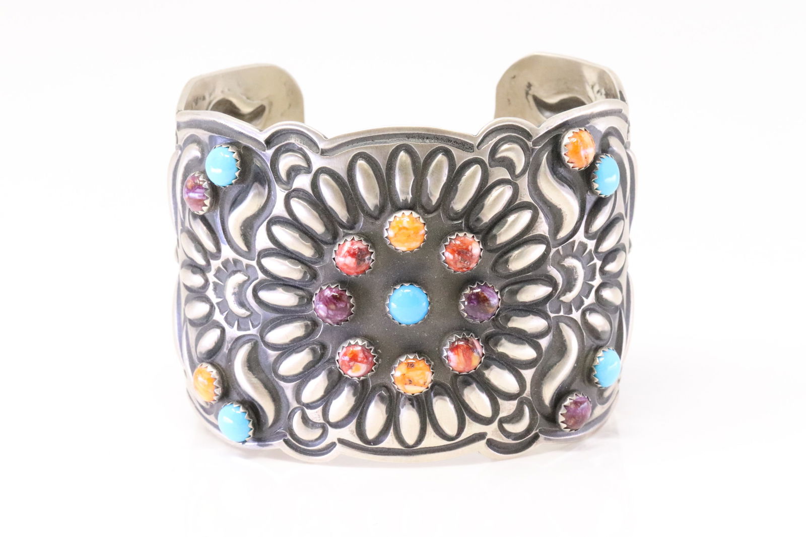 Native America Navajo Sterling Silver Spiny Oyster & Turquoise Bracelet By L.Tahe. (1 of 4)