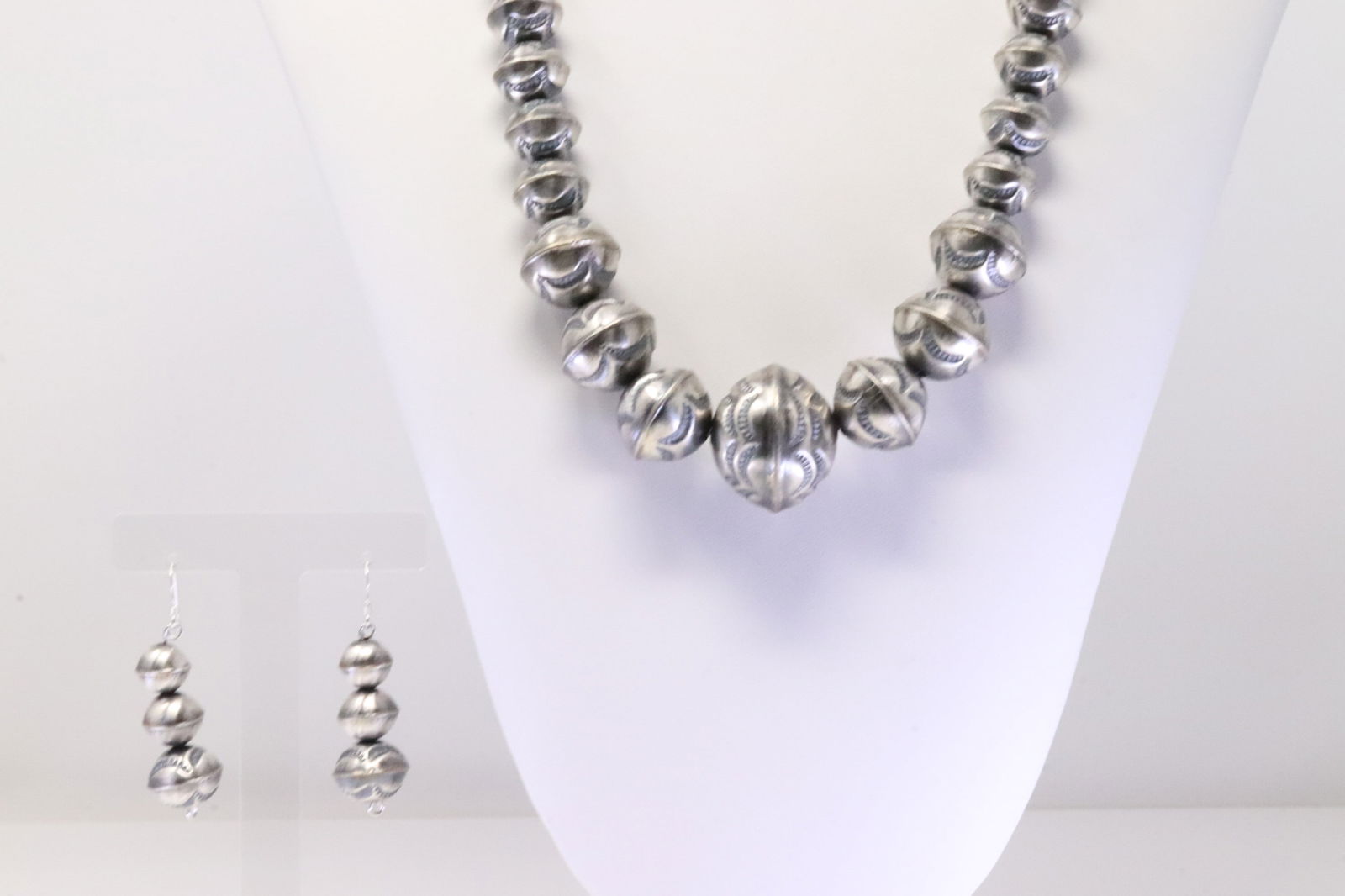 Native American Navajo Sterling Silver Pearl Beaded Stamped Necklace & Earring's Set. (1 of 6)