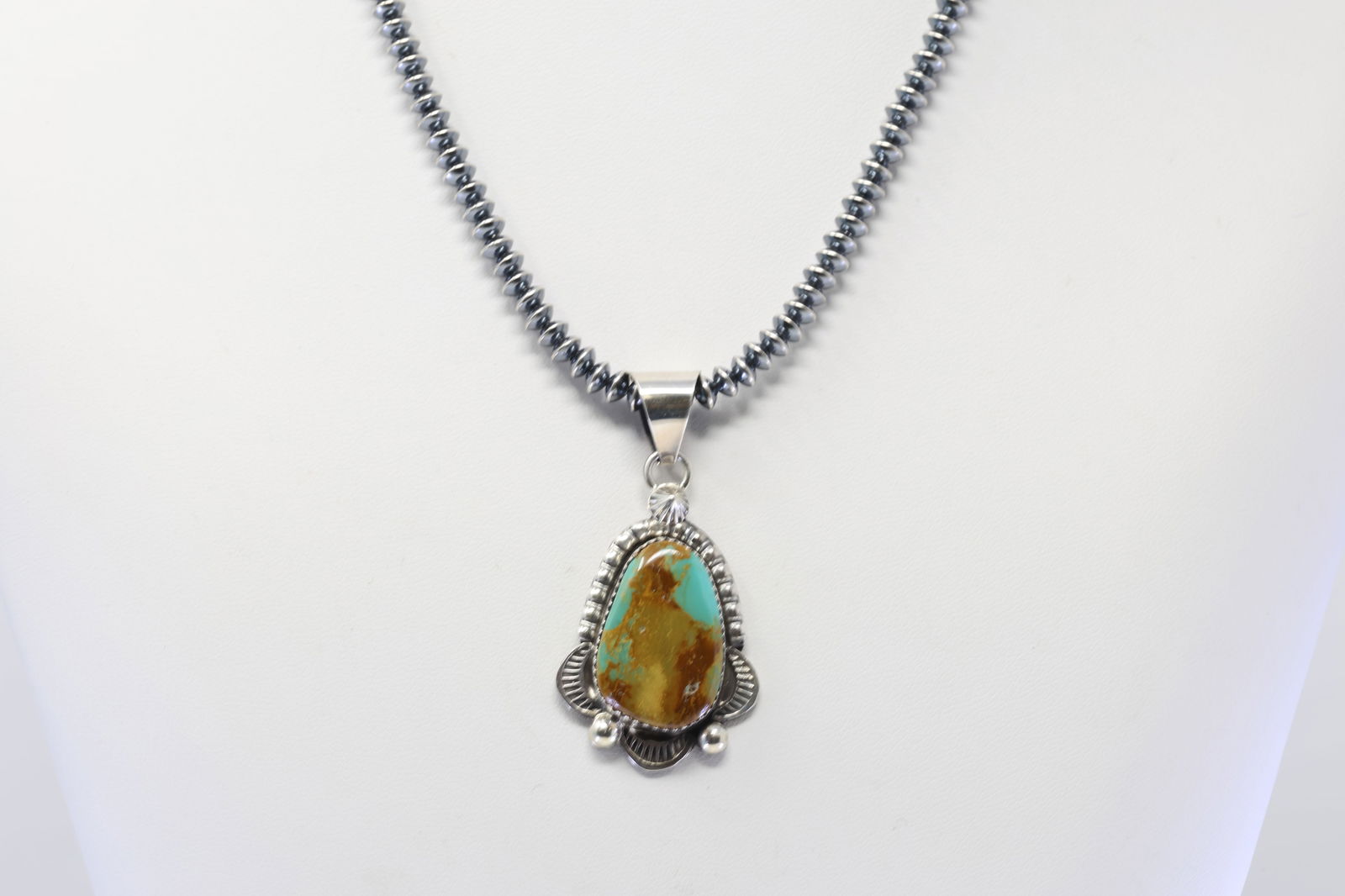 Native America Navajo Sterling Silver Kingman Turquoise Pendant By Juanita Long. With Pearl Beaded (1 of 4)