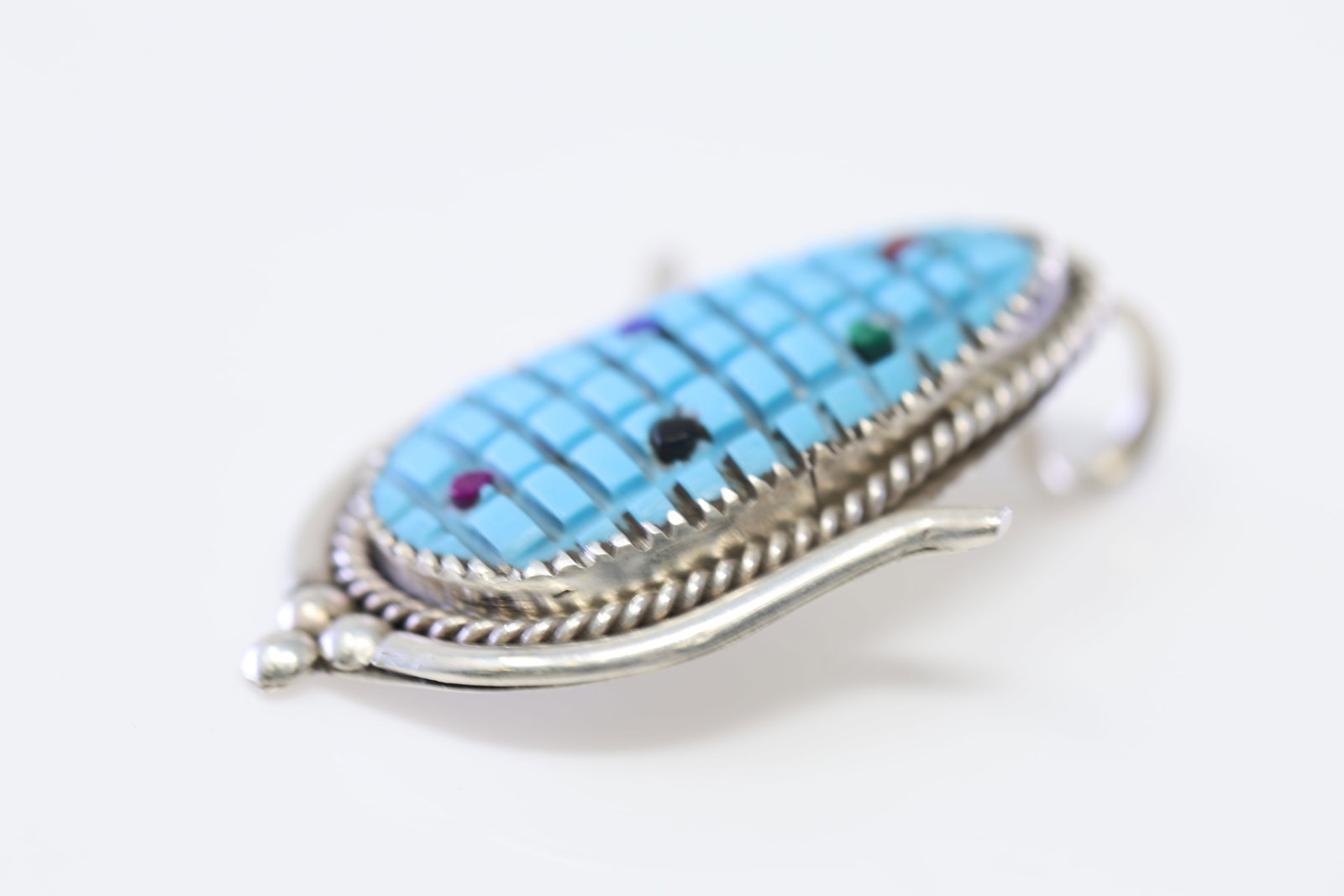 Native America Zuni Sterling Silver Turquoise & Multi-Color Stone Corn Pendant By Tracy Bowekaty.: This is a Native America Zuni Sterling Silver Turquoise & Multi-Color Stone Corn Pendant By Tracy Bowekaty.