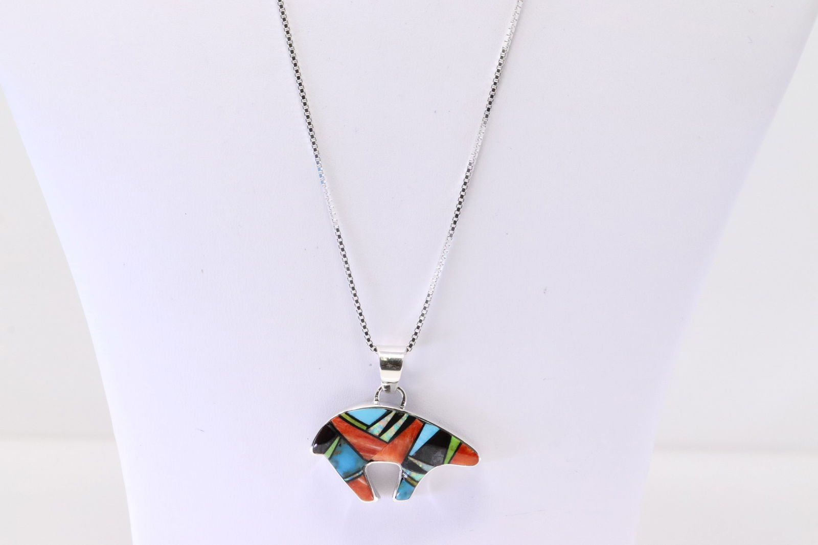 Native America Navajo Sterling Silver Bear Multi-Color Inlay Pendant By Calvin. With A 925 Necklace. (1 of 4)