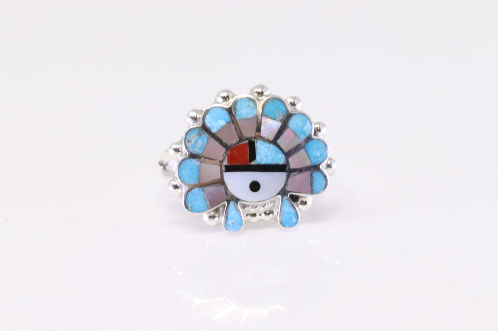 Native American Zuni Sterling Silver Multi-Color Inlay Ring By E.R. (1 of 4)