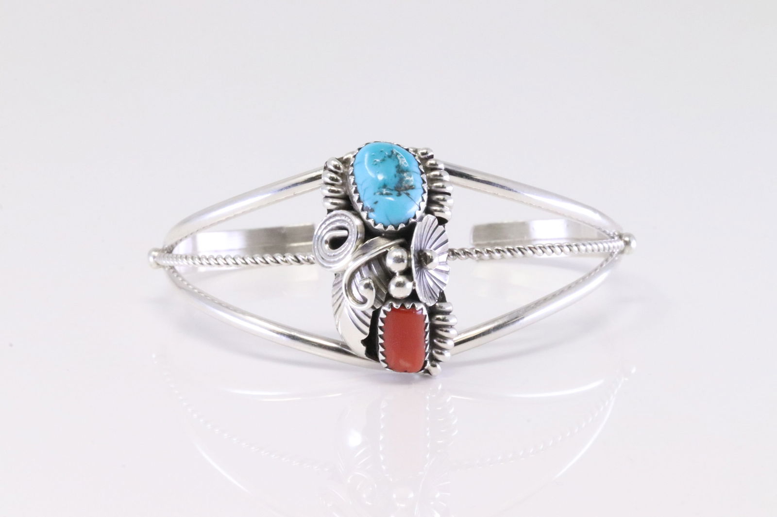 Native America Navajo Sterling Silver Coral & Turquoise Bracelet Cuff By Max C. (1 of 4)