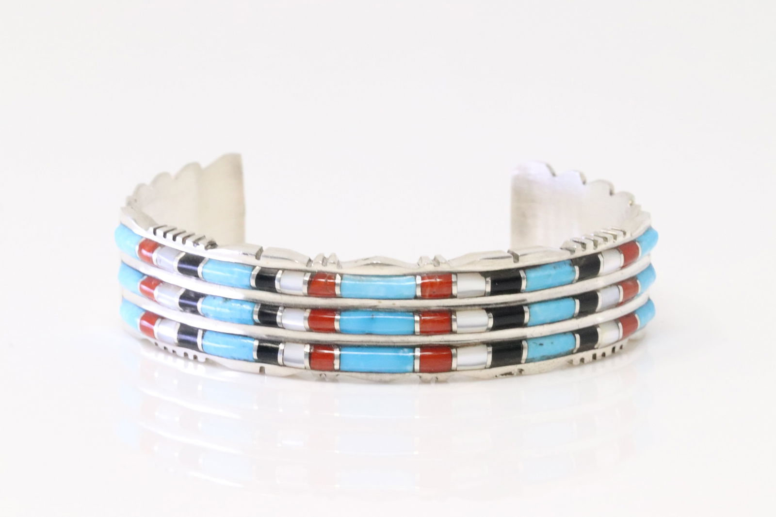 Native America Zuni Sterling Silver Multi-Color Stone Inlay Bracelet By Sheldon Lalio. (1 of 4)