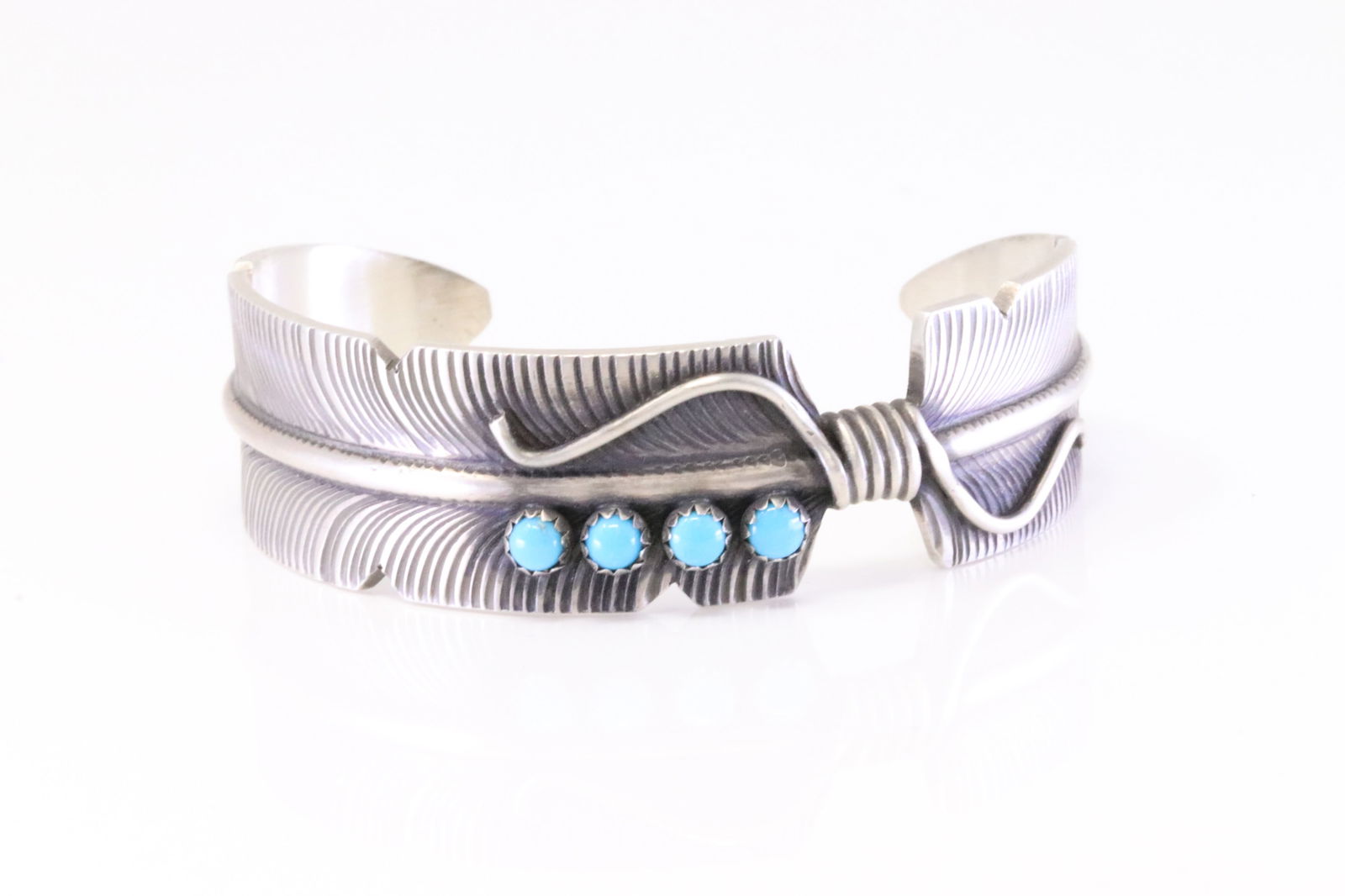 Native America Navajo Sterling Silver Turquoise Feather Bracelet Cuff By C.C. (1 of 4)