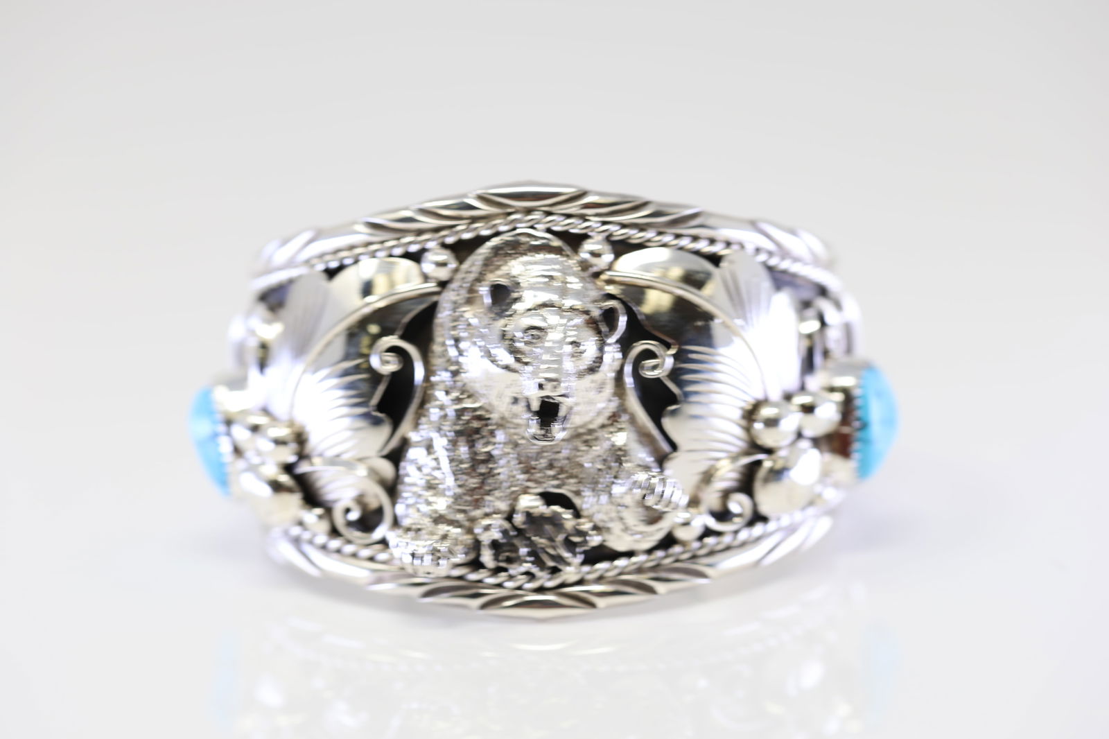 Native America Navajo Sterling Silver Bear Turquoise Bracelet Cuff By Thomas Yazzie. (1 of 4)