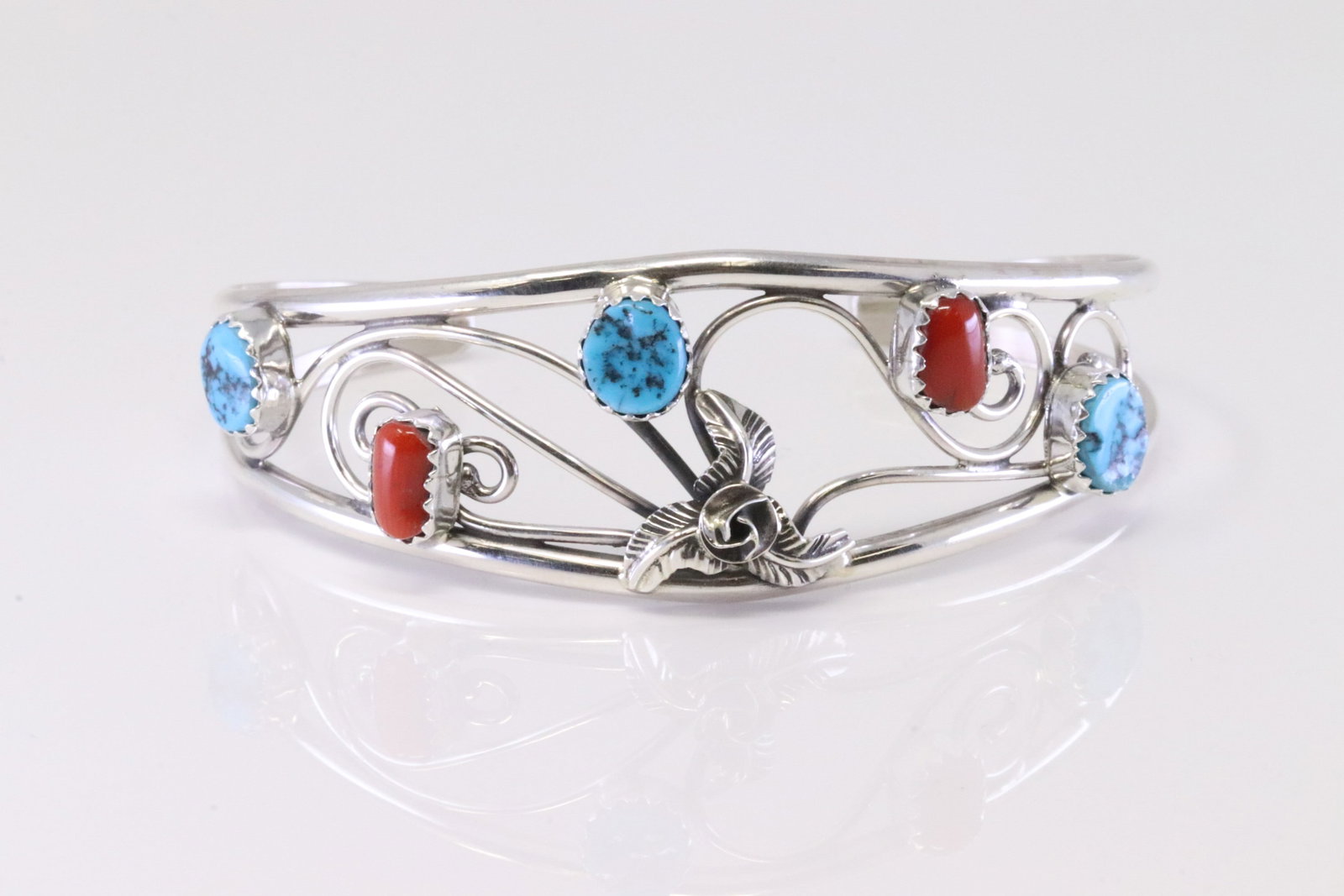 Native America Navajo Sterling Silver Coral & Turquoise Bracelet Cuff By C. (1 of 4)