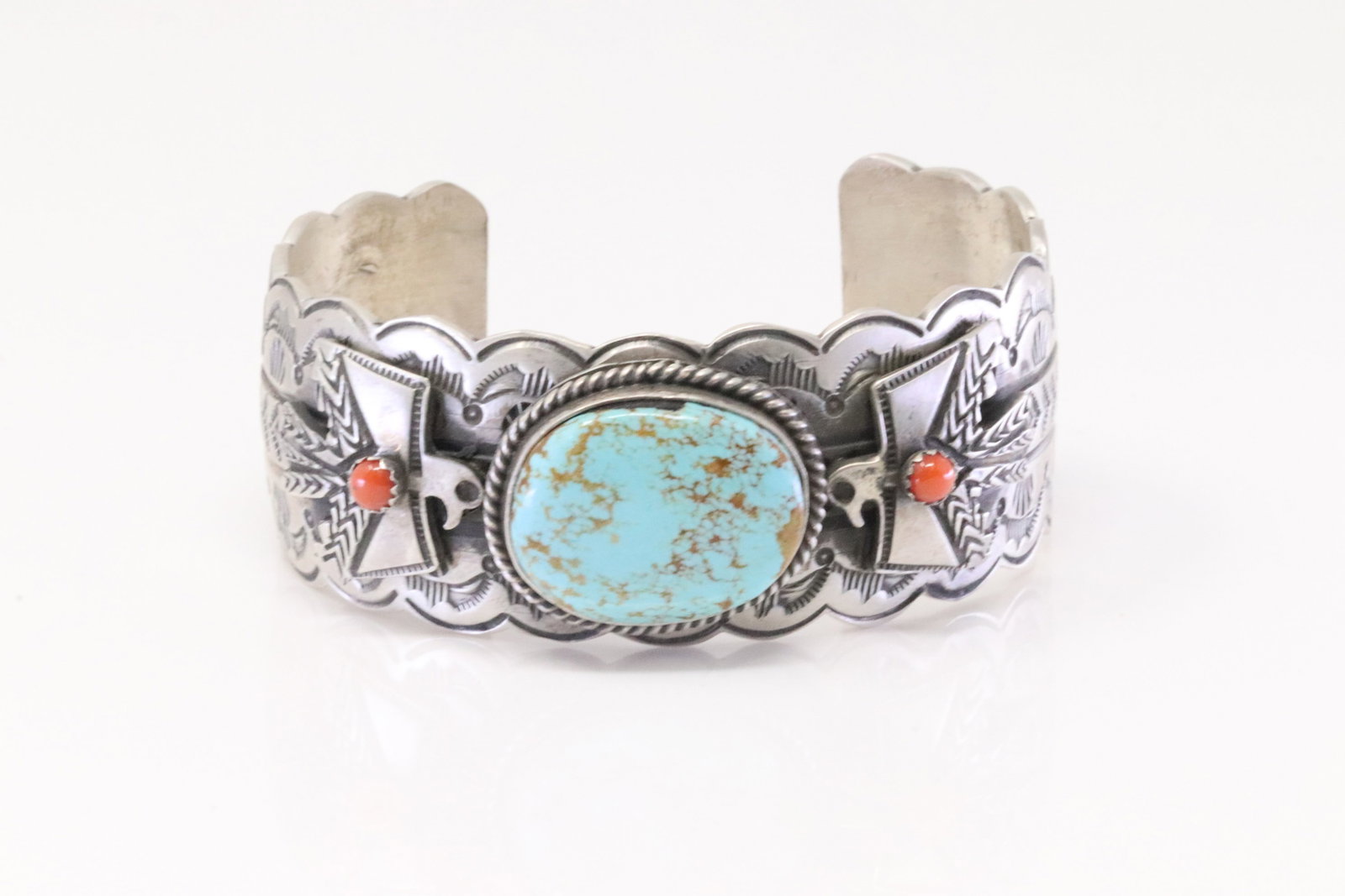 Native America Navajo Sterling Silver Coral & Turquoise Bracelet Cuff By Leroy James.: This is a Native America Navajo Sterling Silver Coral & Turquoise Bracelet Cuff By Leroy James.