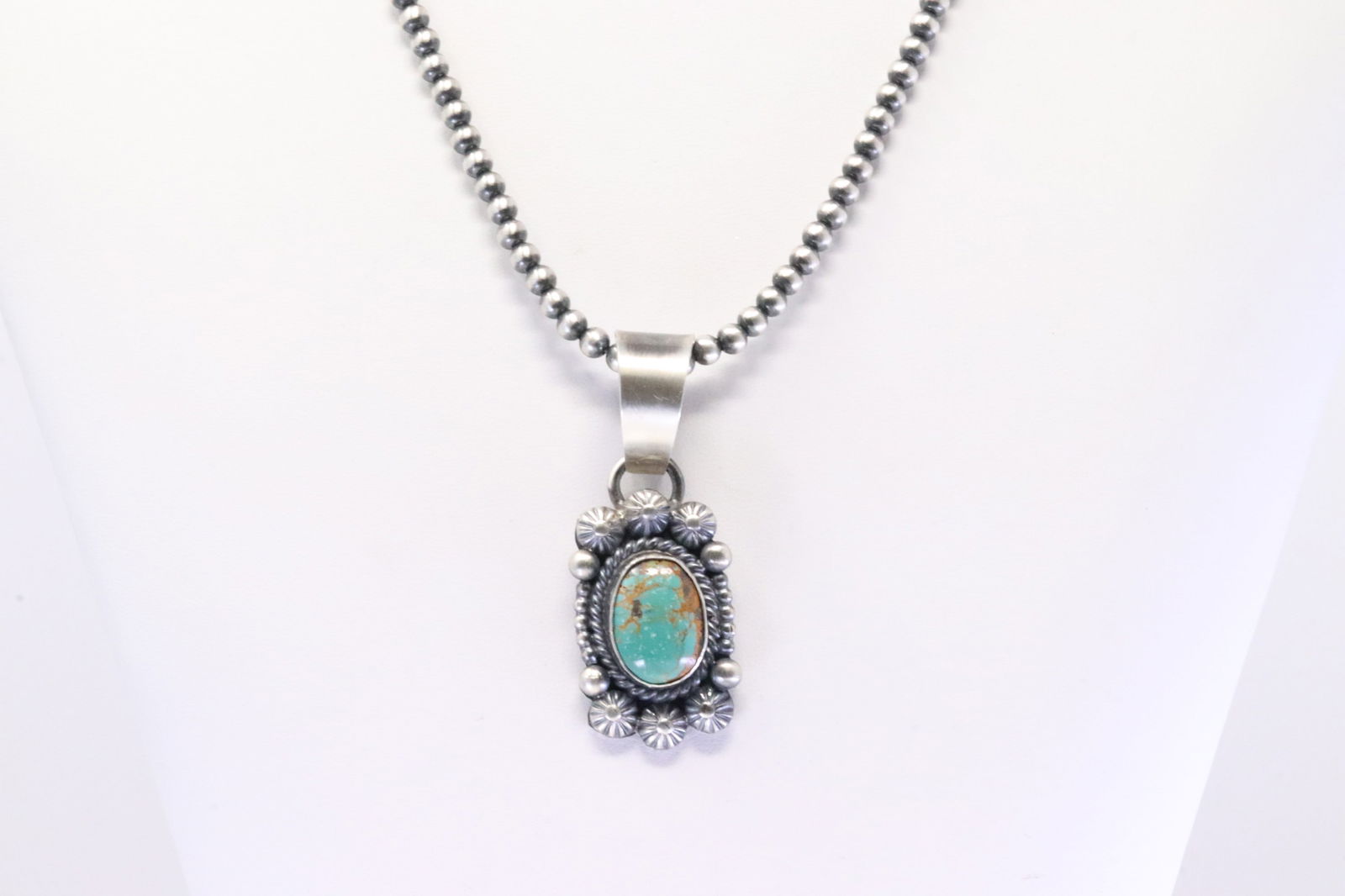 Native America Navajo Sterling Silver Kingman Turquoise Pendant By M&R Calladitto. With Pearl Beaded (1 of 4)