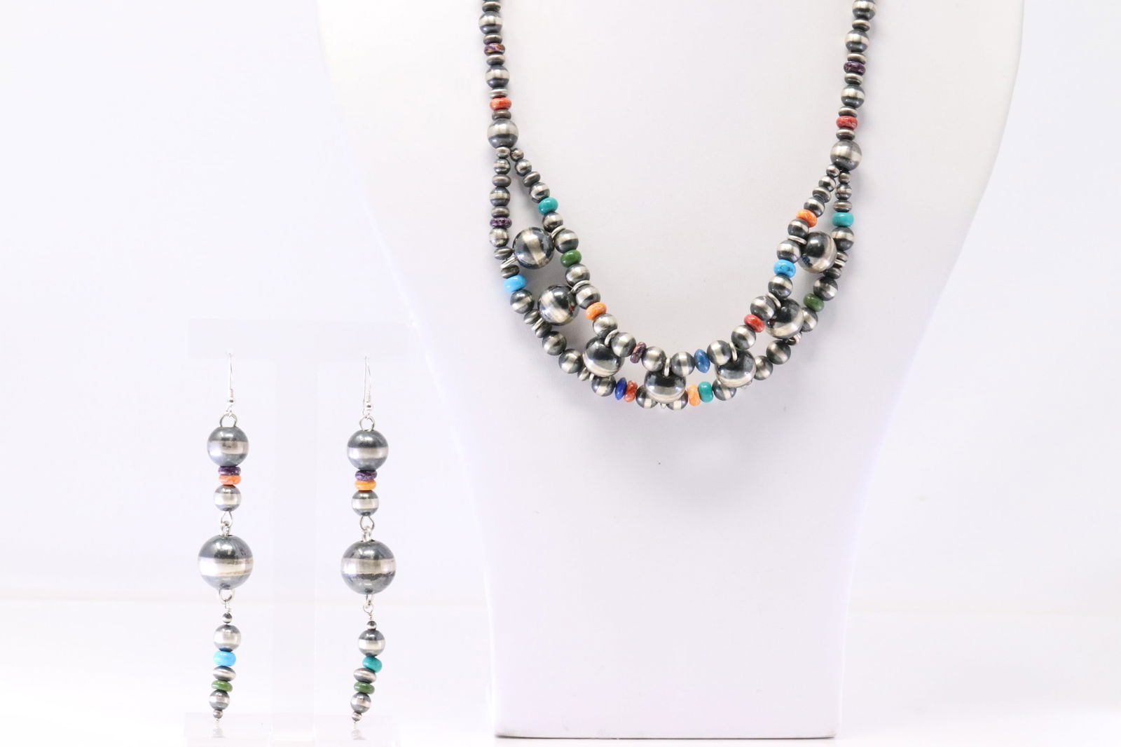Native American Navajo Sterling Silver Multi-Color Stone / Pearl Beaded Necklace & Earring's Set. (1 of 5)