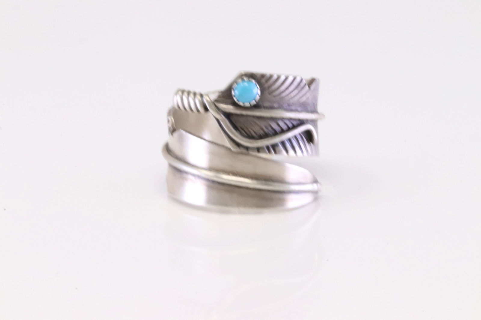 Native America Navajo Sterling Silver Turquoise Feather Ring By C.C. (1 of 4)
