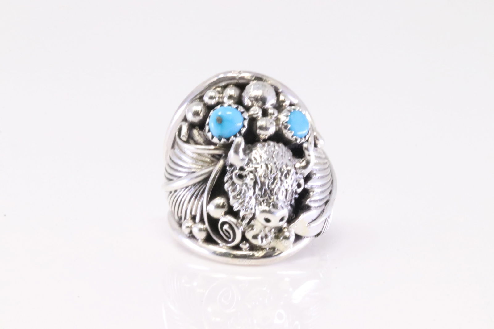 Native America Navajo Sterling Silver Turquoise Buffalo Head Casted Ring By Jeanette Saunders. (1 of 4)
